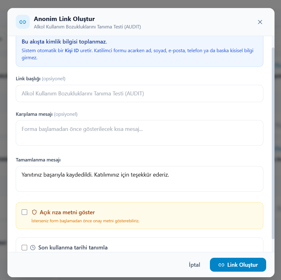 Anonim Link Oluştur modalı