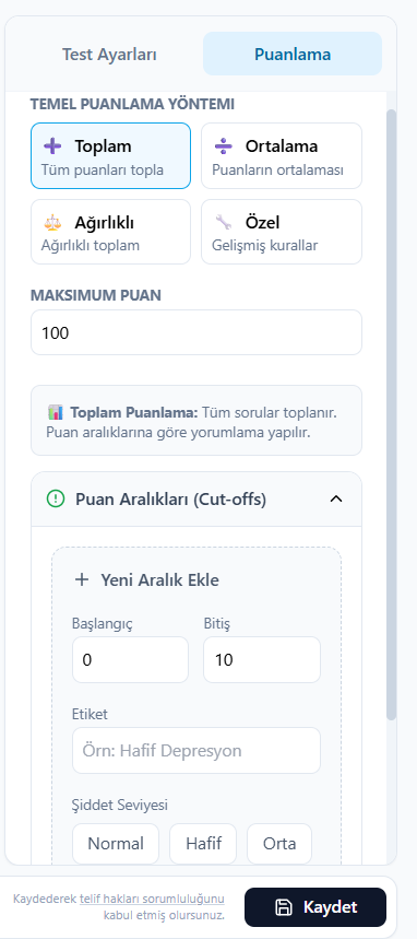 Puanlama sekmesi