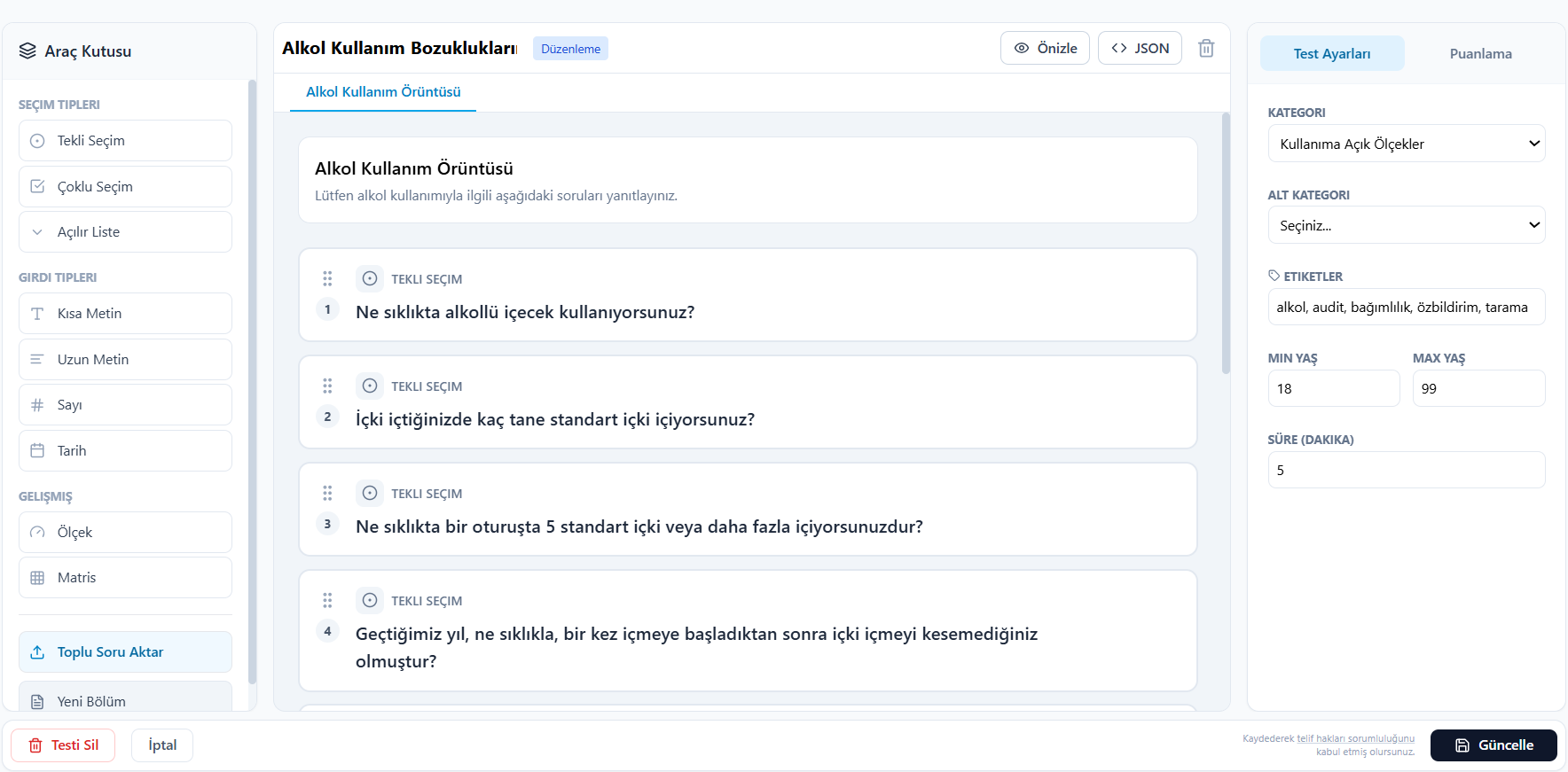 Test ayarları